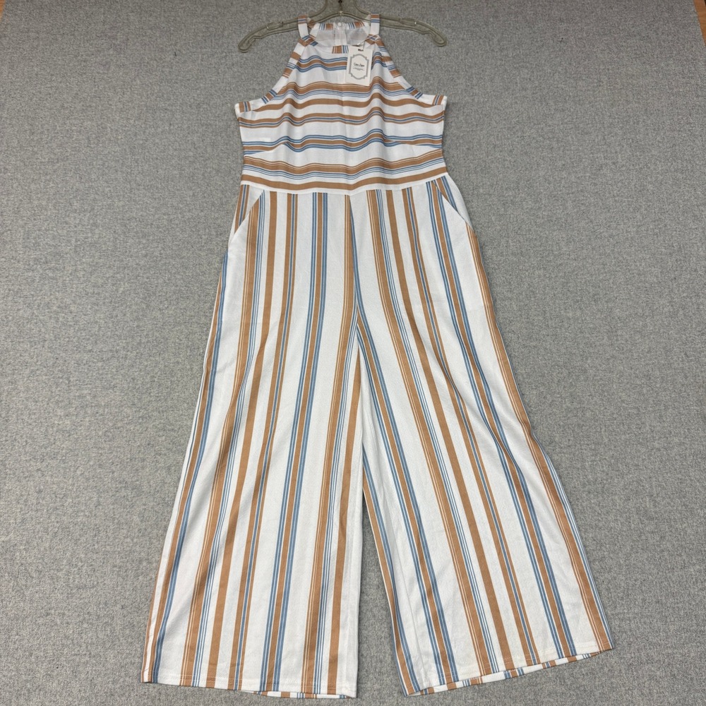 Coeur de Vague Halter Wide Leg Jumpsuit Large Blue Tan White Striped Pocket NWT